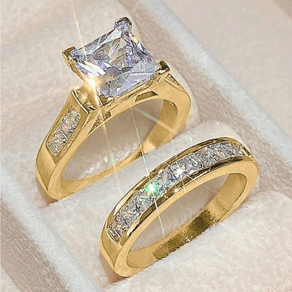 Princess Cut Moissanite Engagement and band set, 14K Yellow Gold Plated Set - Picture 10 of 11